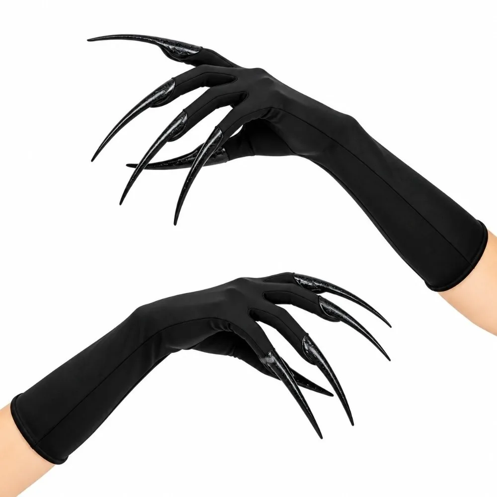 Black Color Long Nails Gloves Stretch Elastic Detachable Claw Nails Witch Gloves Polyester Material Finger Nails Design