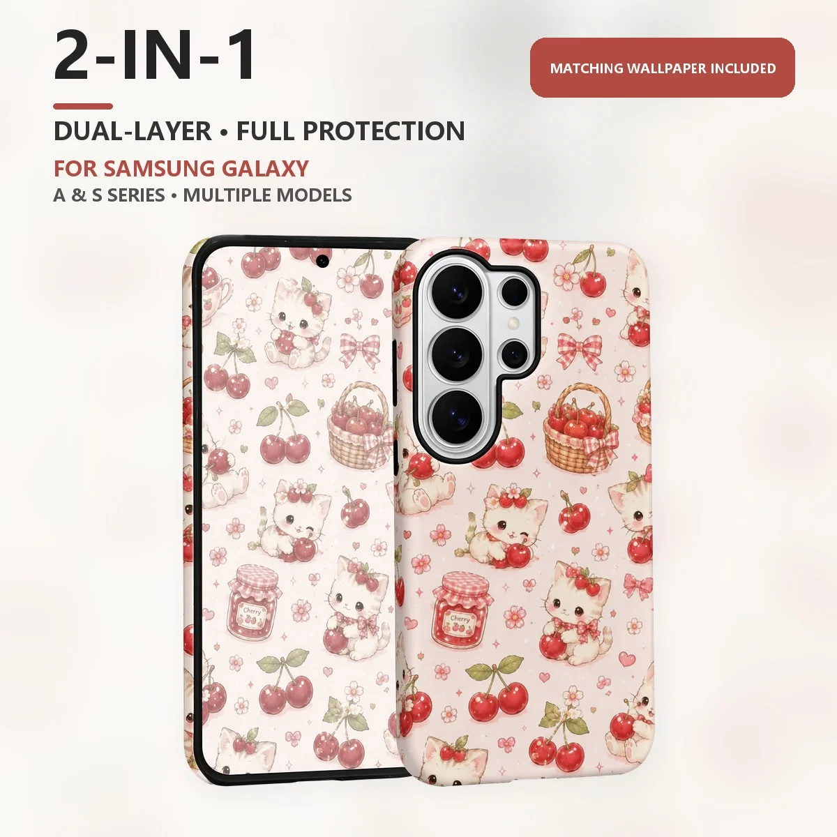 Cute Kitten Cherry Pattern 2-in-1 Dual-Layer Phone Case for Samsung Galaxy S26 S25 S24 Plus Ultra FE S20 FE A56 A17 A16 A15