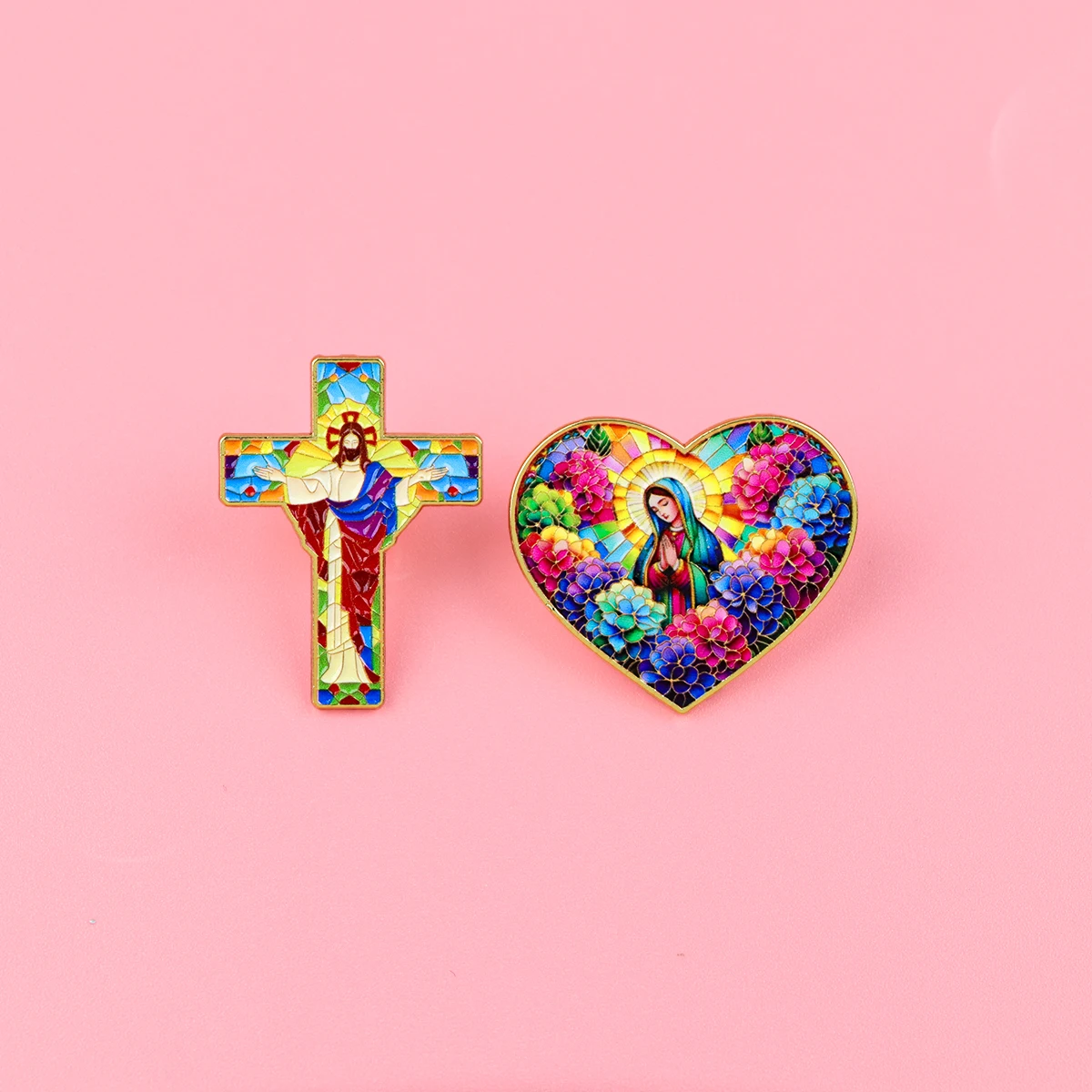 Christian Enamel Pins Jesus Cross Virgin Mary Brooch Colorful Stained Glass Lapel Pin For Backpack Bag Jewelry Gift