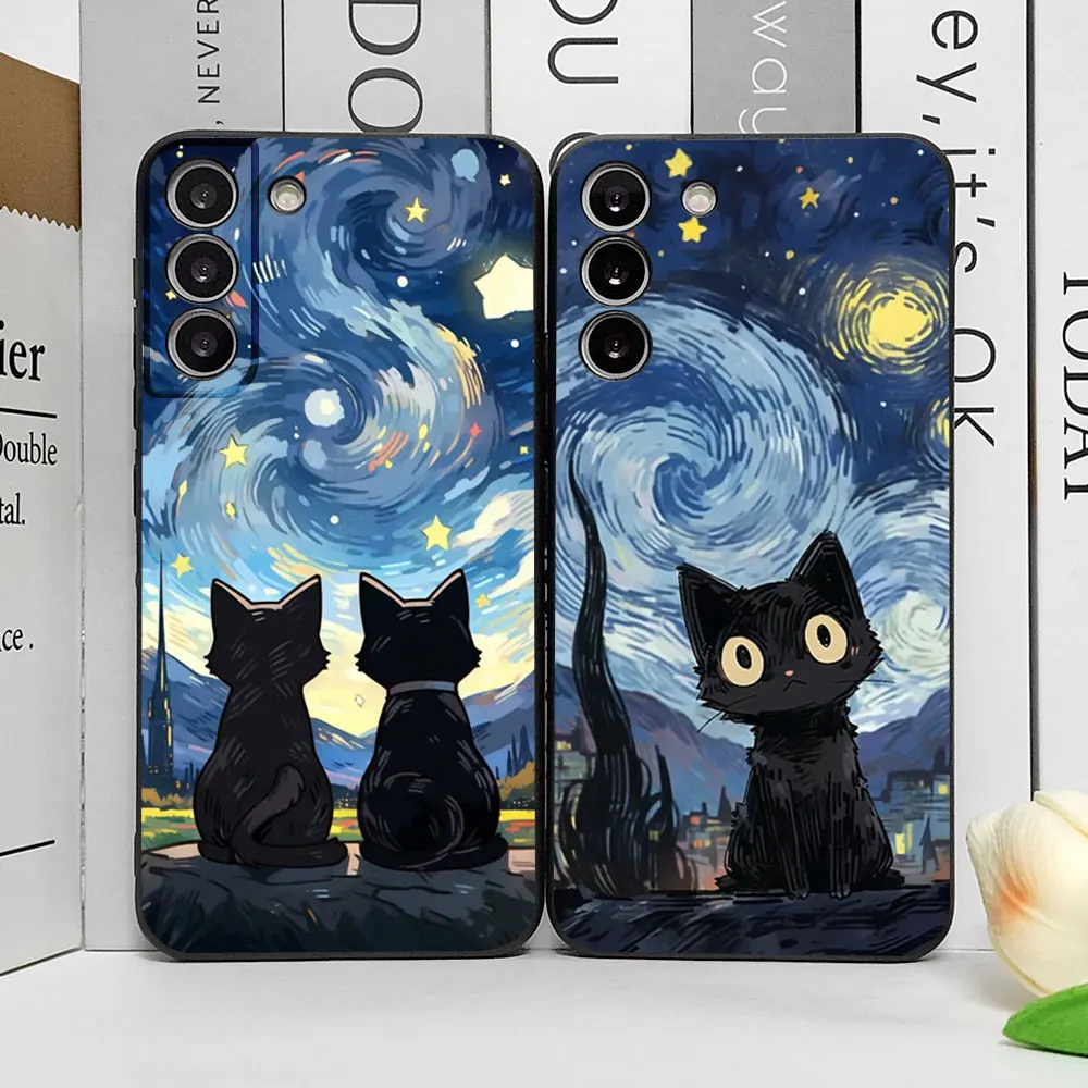 Artistic Black Cat Starry Night Phone Case for Samsung S23 S22 S21 S20 FE Plus Ultra 5G Soft Cover for Samsung Galaxy S24 Fundas