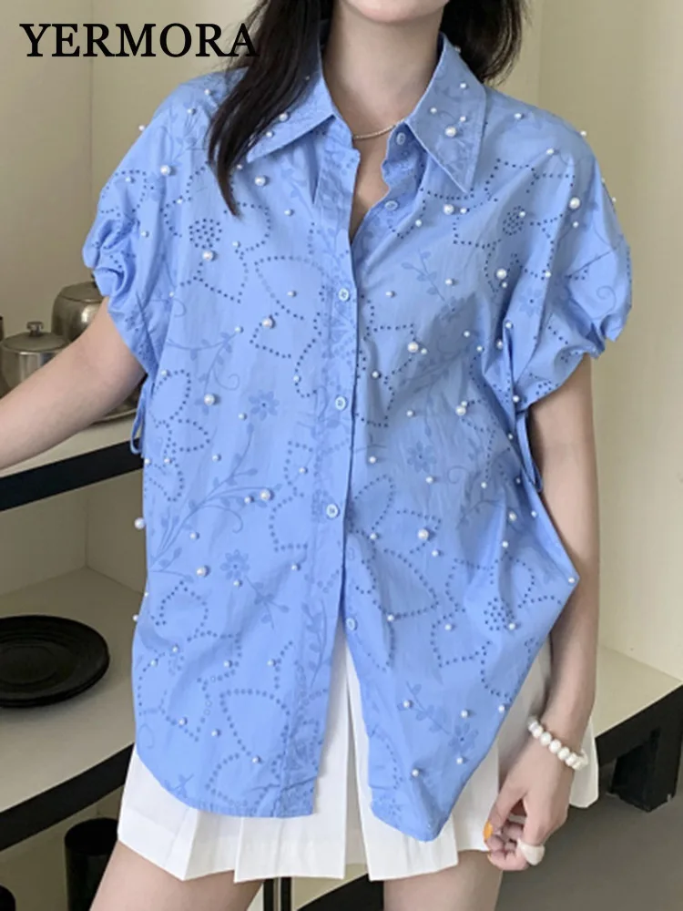 

YERMORA Blue Fake Pearl Hollow Out Casual Blouse For Women Lapel Short Sleeve Loose New Shirt Fashion Tide Spring Summer 2025