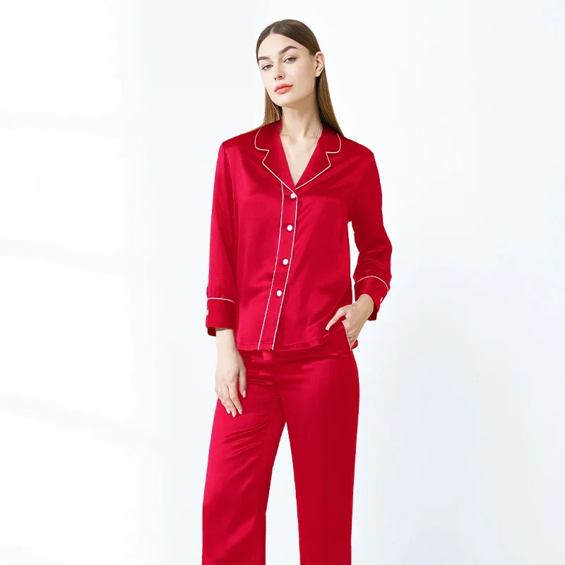 

19MM 100% Mulberry Silk Piped Long Sleeve Trouser Pyjamas Suit Luxury Button Down Lapel Pajamas Nightwear Elegant Cardigan PJs