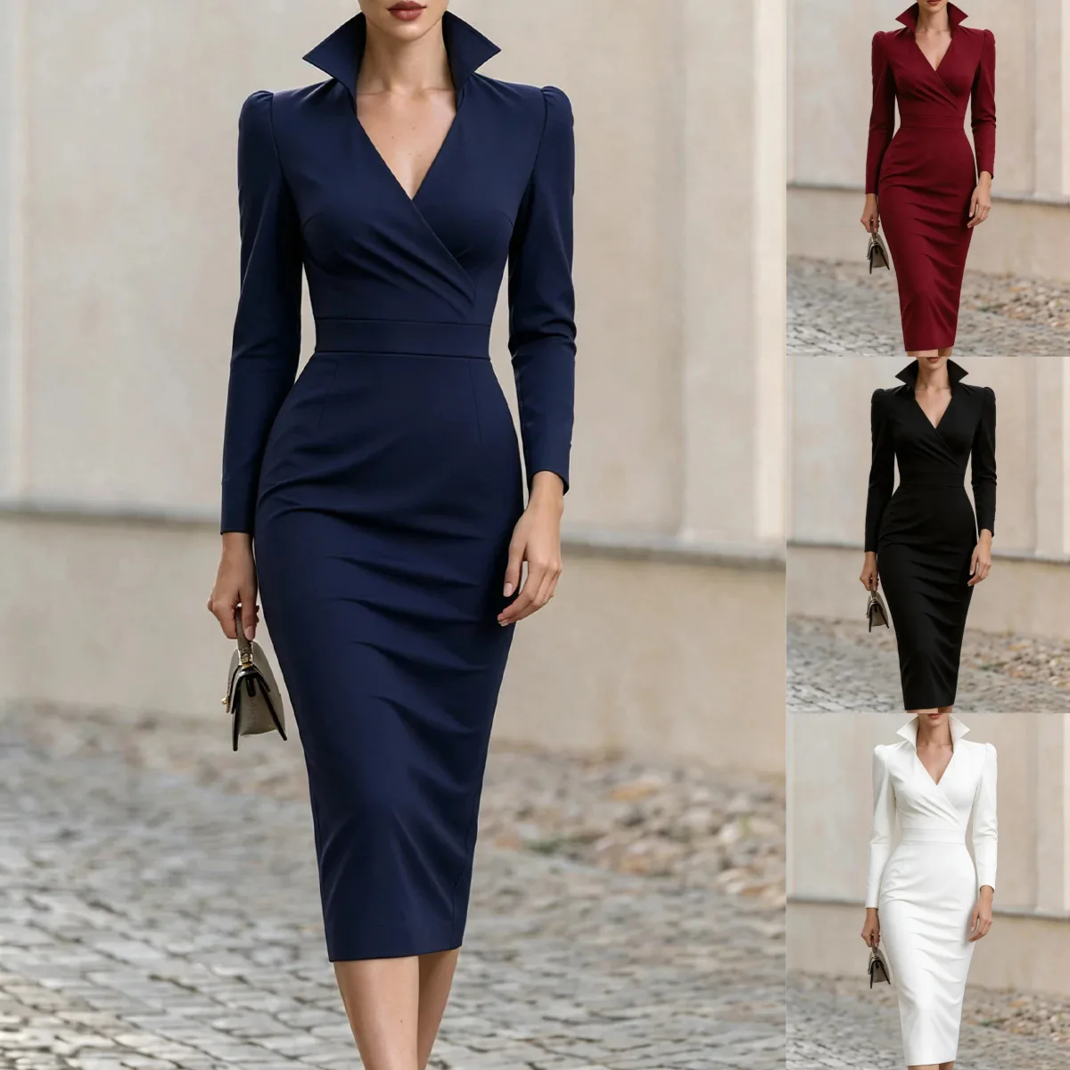 Damen Stehkragen Wickelkleid mit V-Ausschnitt, Figurbetontes Midi-Kleid, Langarm, Hohe Taille, Einfarbig, Büro- und Party-Bleistiftkleid