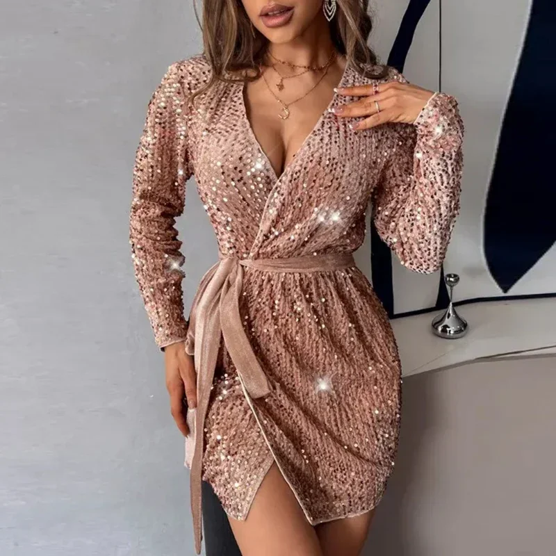 Spring Glitter Sequin Shiny Women Party Dress Sexy Wrap V-neck Hollow Split Mini Dress Autumn Long Sleeve Slim Office Lady