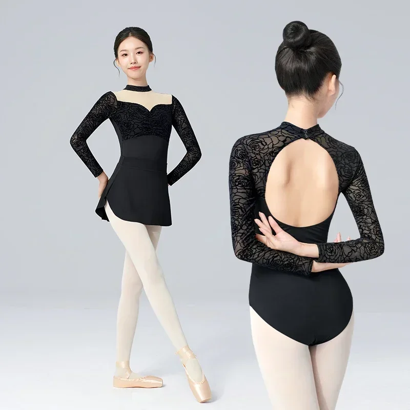ثياب الباليه للنساء الكبار الدانتيل الأسود الجمباز ثياب النايلون الجوي اليوغا ممارسة داخلية طويلة الأكمام ملابس رقص الجمباز #2