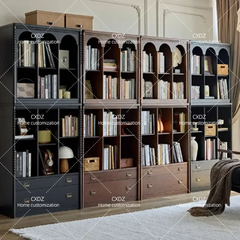 Retro Solid Wood Bookcase Modular Combination Low Cabinet Half Wall Bookshelf Floor Storage Unit for Living Room Home