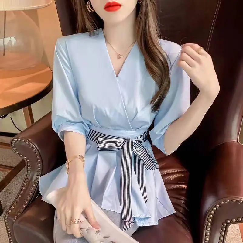 Back Button Big Bow Sashes White Blouse Summer Women Korean Sweet Wrap Vneck Peplum Office Elegant Chic Two Wear Shirts Top 2022