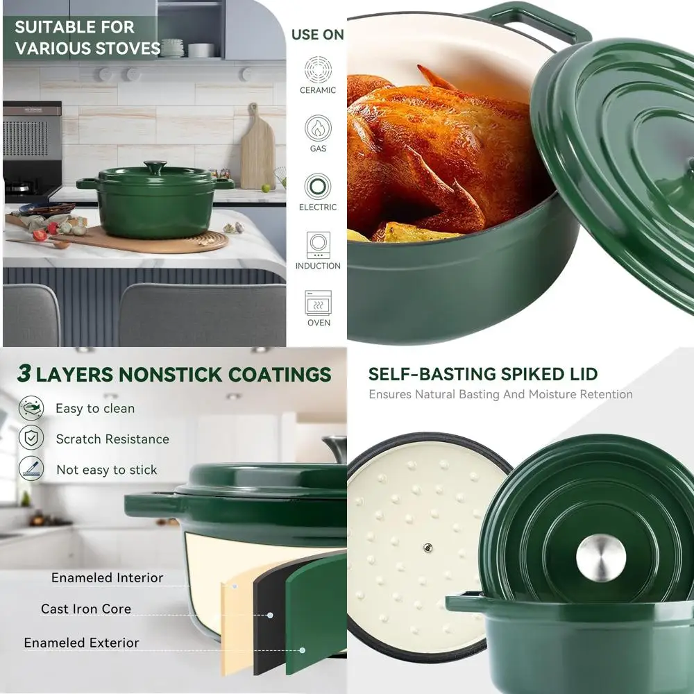 

6,5-каратная эмалированная чугунная голландская духовка с крышкой, посуда с двойной ручкой для выпечки и приготовления пищи, посуда с антипригарным покрытием из зеленой эмали