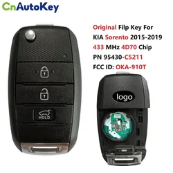 CN051139 Original PN 95430-C5211 For KIA Sorento 2015-2019 Flip Remote Key 3 Buttons 433 MHz 4D70 Chip FCC ID: OKA-910T C5210