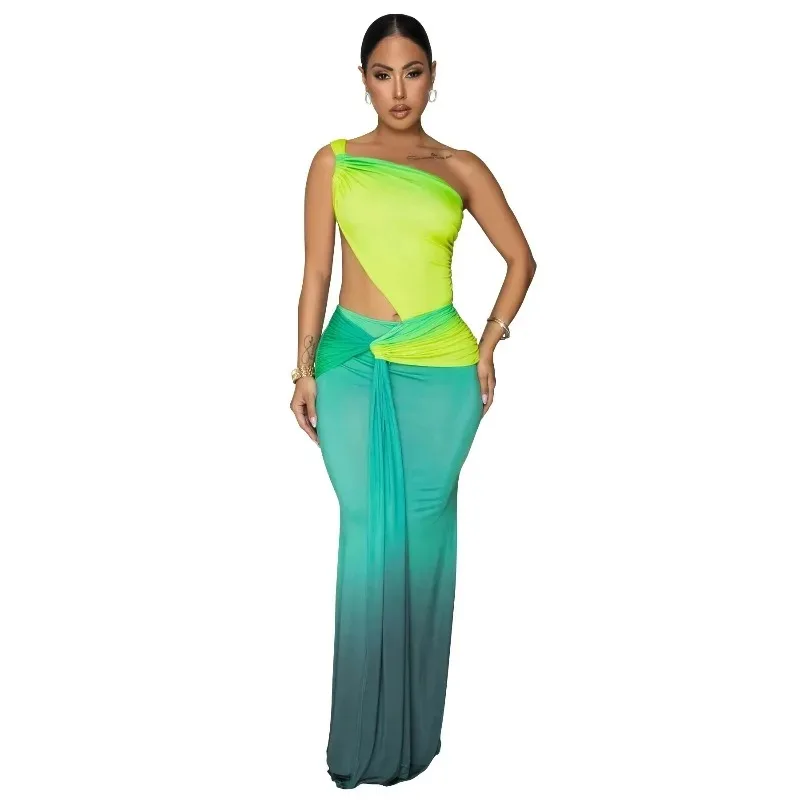 

Stylish Ombre Single Shoulder Ruched Cut-Out Long Maxi Dress Gowns Womens Hollow Out Long Straps Party Dresses Clubwear