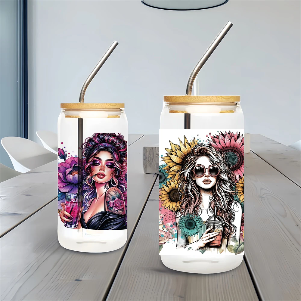 Desenhos animados Personagem Envoltório Transferência Adesivos para Vidro, Decalque Impermeável, Garrafas De Água, UV, DTF, Copo Bonito, 16OZ