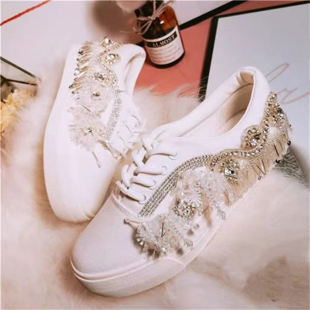 Custom custom lace-up rhinestones beaded sequins low top canvas shoes Heavy industry white casual sports women's shoes 35-39