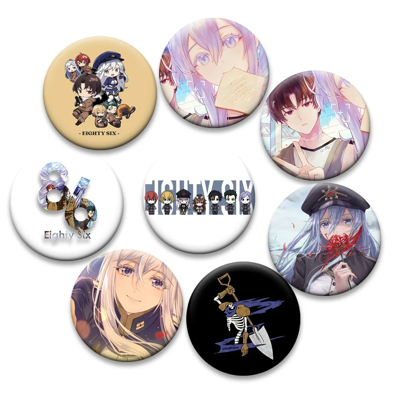 86 Eighty Six Anime Badge Snap in Design Cartoon Spille da bavero Spille rotonde da 58 mm per zaino Abbigliamento Accessori Gioielli Regali