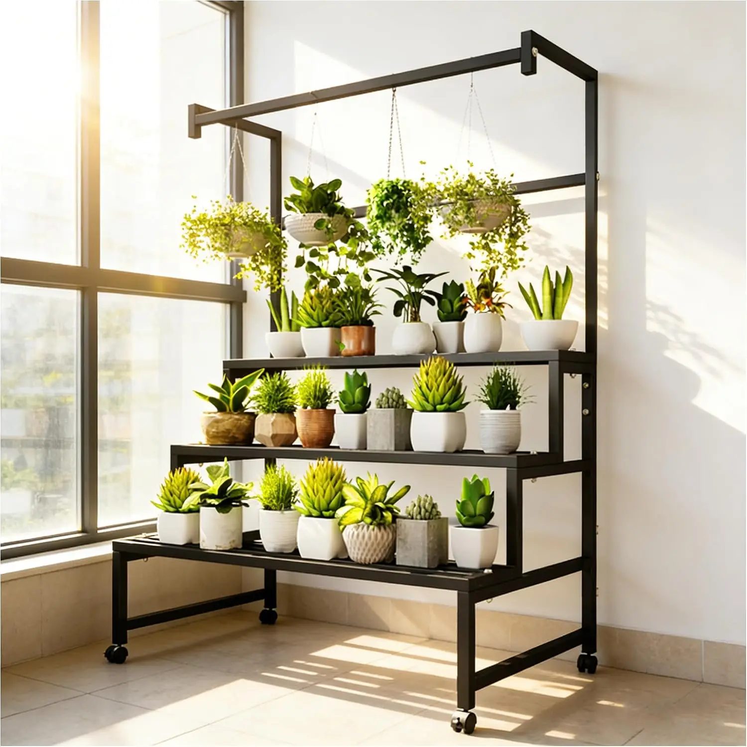 

Four Tier Sturdy Metal Plant Stand With Wheels Stair Shape Multiple Tiered Flower Display Heavy Duty Succulent Shelf With Top Hanging Rod For Indoor Outdoor Home Garden Black Color 47 Inch Width