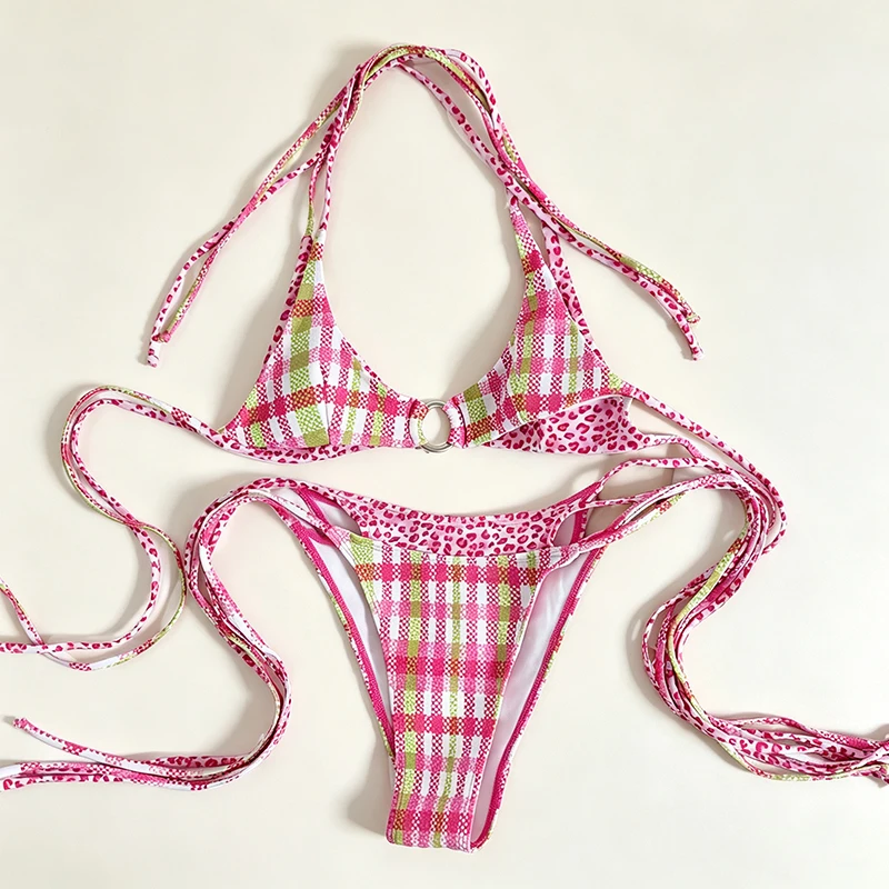 Women’s Micro Bikini Two Piece Swimsuit Pink Plaid Leopard Female Beach Thong Bikinis Set Ladies Halter Sexy Summer Bathing Suit