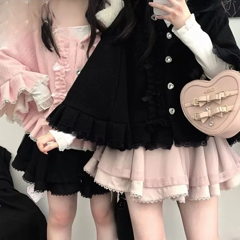 Japanese Harajuku Girls Sweet Bow Fur Ball Plush Cape Coats Women Lolita Kawaii Winter Warm Ponchos Jacket Hooded Cloak