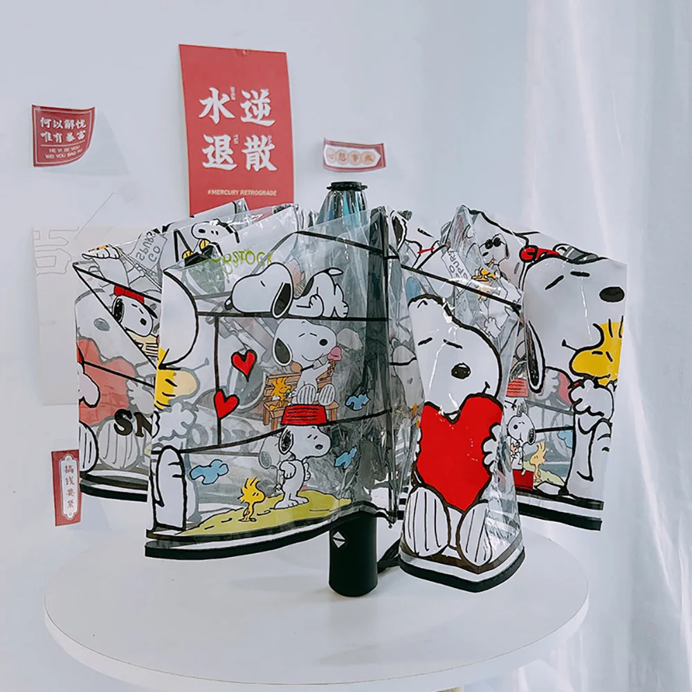 

Snoopy Cartoon Transparent Umbrella Kawaii Anime Figure Three-fold Automatic Bumbershoot Fashion Manual Umbrella Christmas Gifts