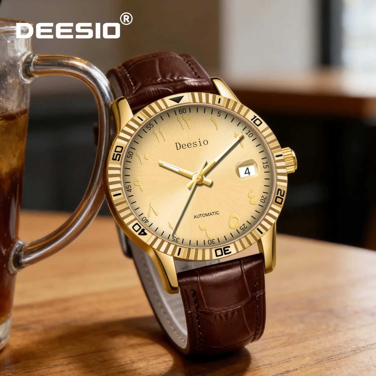 

Deesio Men's Automatic Mechanical Watch Business Casual Luminous Waterproof Stainless Steel Case Leather Date New Wristwatch