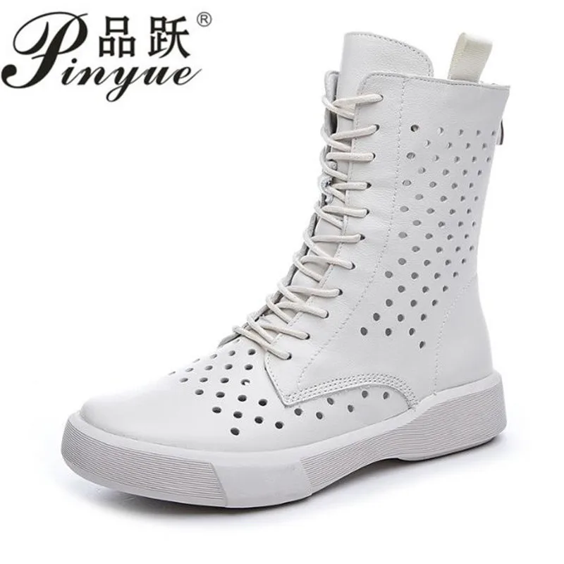 New Spring Summer Hand Sewn Women Hollow Cowhide Boots Flat Shoes Non Slip Lace Up Ankle Boots Casual Sneakers Boot 34 41