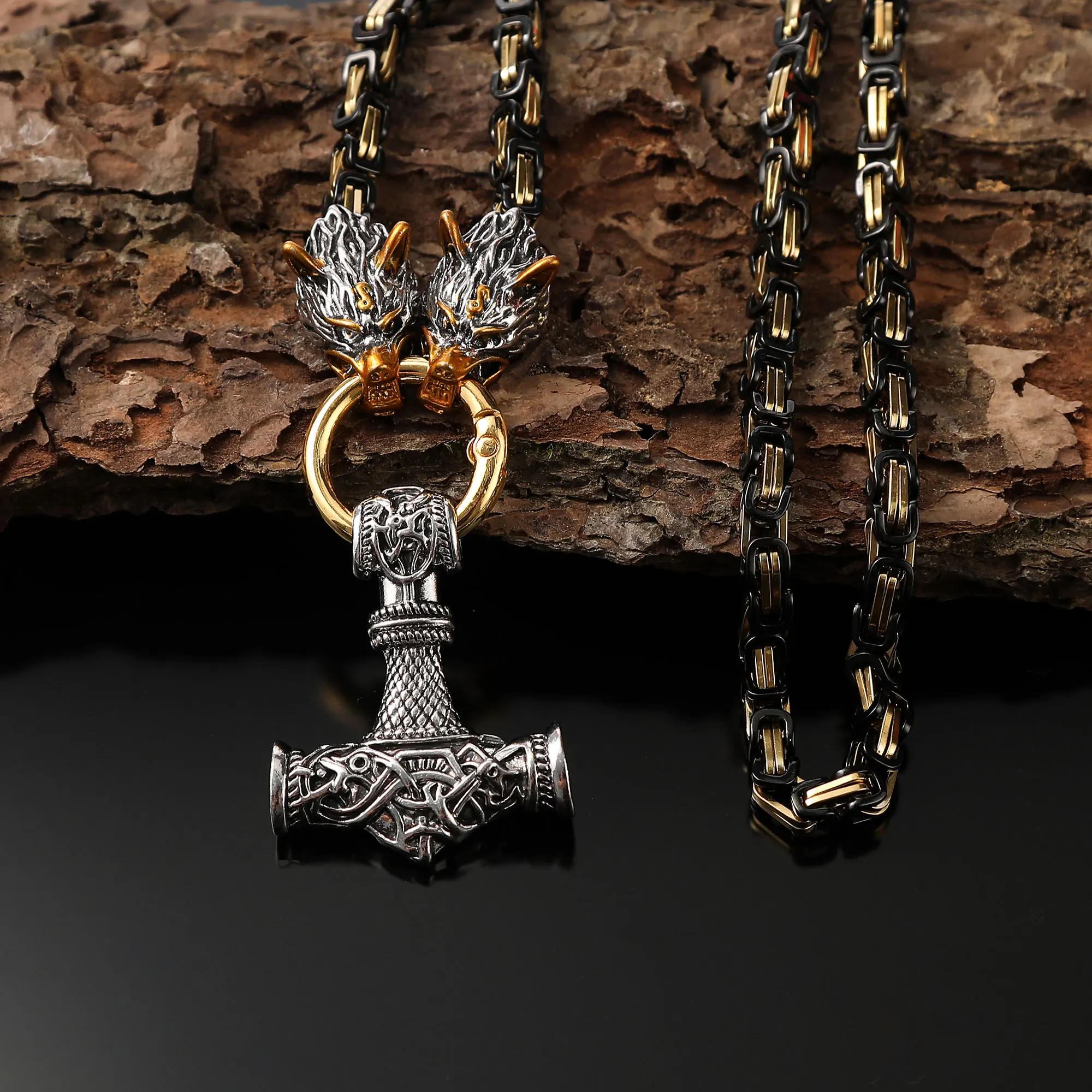 Collar con colgante de martillo de runas vikingo Retro Odin, mitología escandinava, collar con cabeza de lobo, cadena de acero inoxidable, cadena imperial, joyería de estilo noruego para hombre, joyería de tendencia Punk, accesorios de fiesta, regalo de c