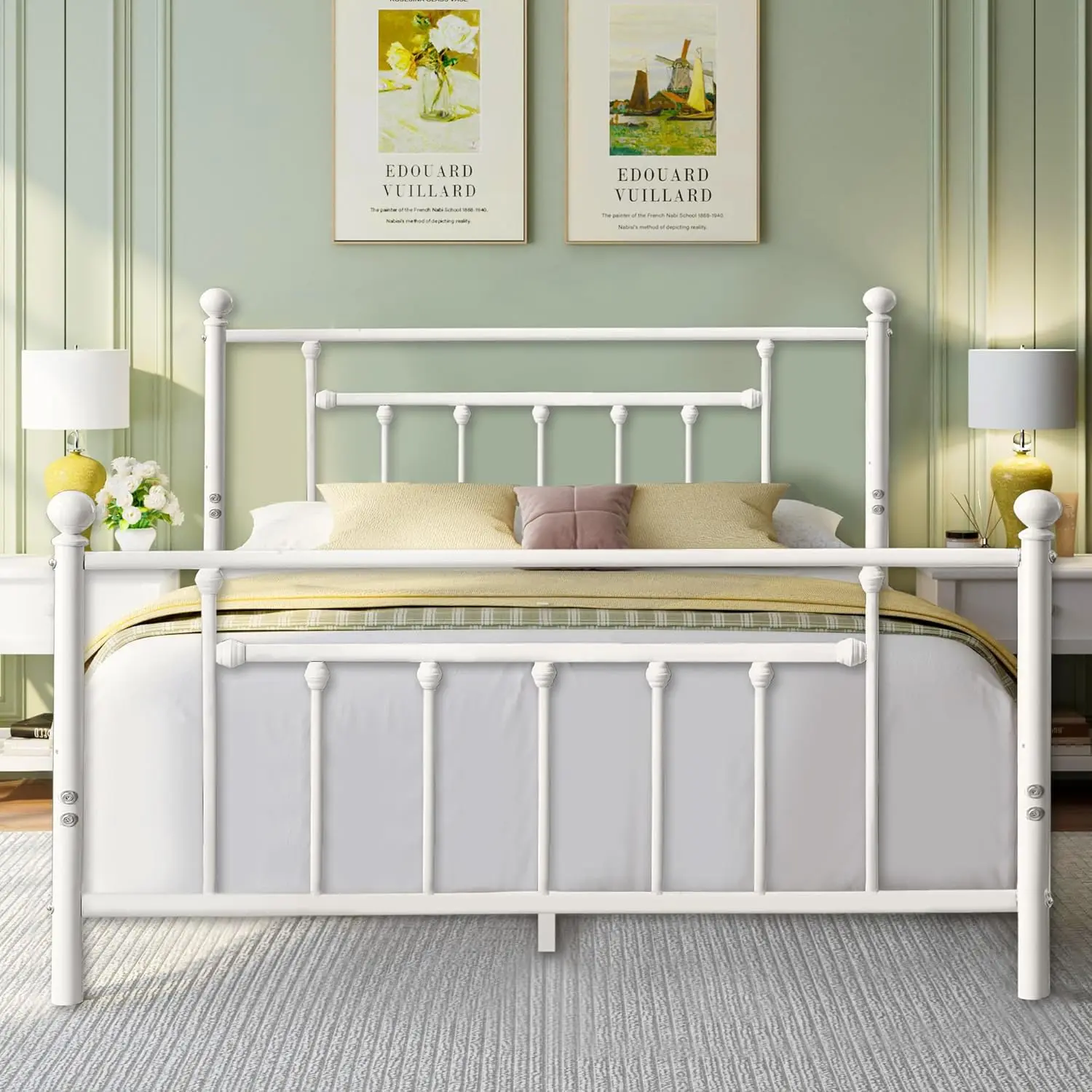 4ft6 Double Bed Frame, Metal Platform with Victorian Style Headboard, Heavy Duty Steel Slat Support, No Box Spring Needed