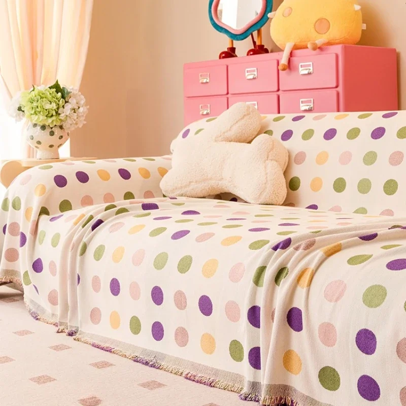 

Soft Cartoon Plush Sofa Towel Colorful Polka Points Universal Sofa Blanket Four Season Sofas Towel Picnic Mat for Living Room