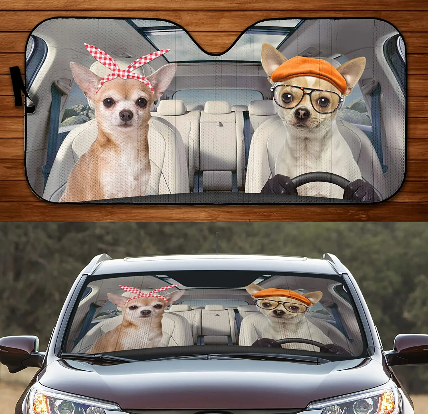 Tan Chihuahua Dog Couple Driving Summer Car Sunshade, Chihuahua Couple Driving Car Window Sun Cover for Dog Lover Car Windshield