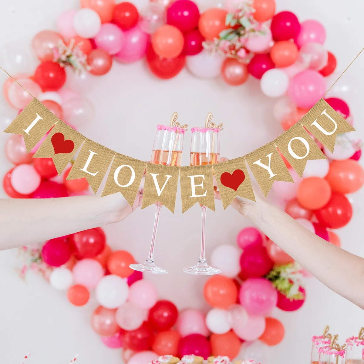 

I LOVE YOU Banner Valentine Wedding Burlap Linen Hanging Decoration Heart Pattern Party Flag Festive Atmosphere