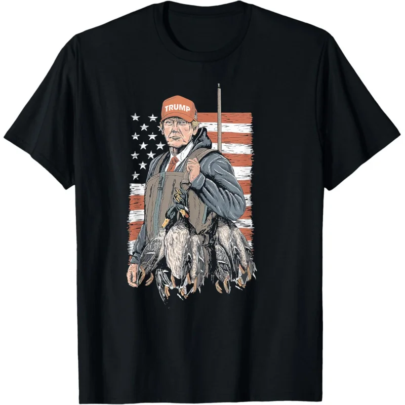 

Men's and Women's Sports Leisure Fashion Duck Hunting Trump Camouflage Hello Hunting Season American Flag Black Gift T-shirt