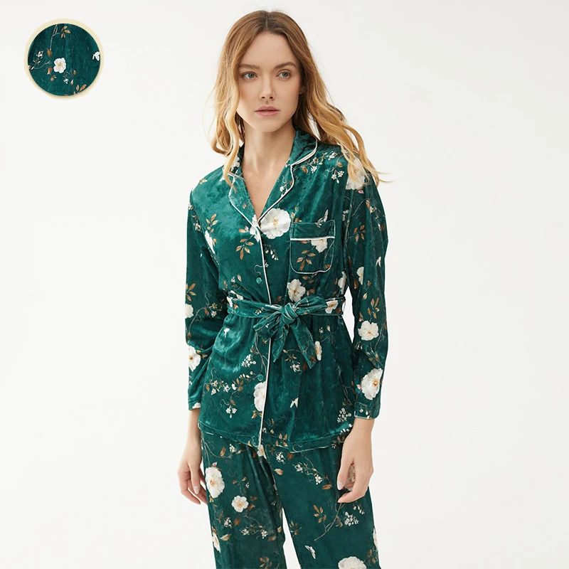 

Pajamas Sets Nightwear Sleep Suit Printed Flower Lapel Long Sleeves Shirt Pant 2Pcs Kimono Robe Women Loose Homewear Cardigan