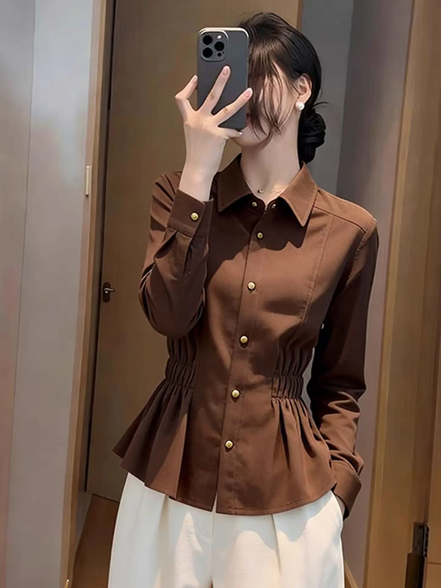 

Женская приталенная рубашка Ele Pure Color с длинным рукавом, весенний дизайн, повседневная, удобная, в корейском стиле, для работы