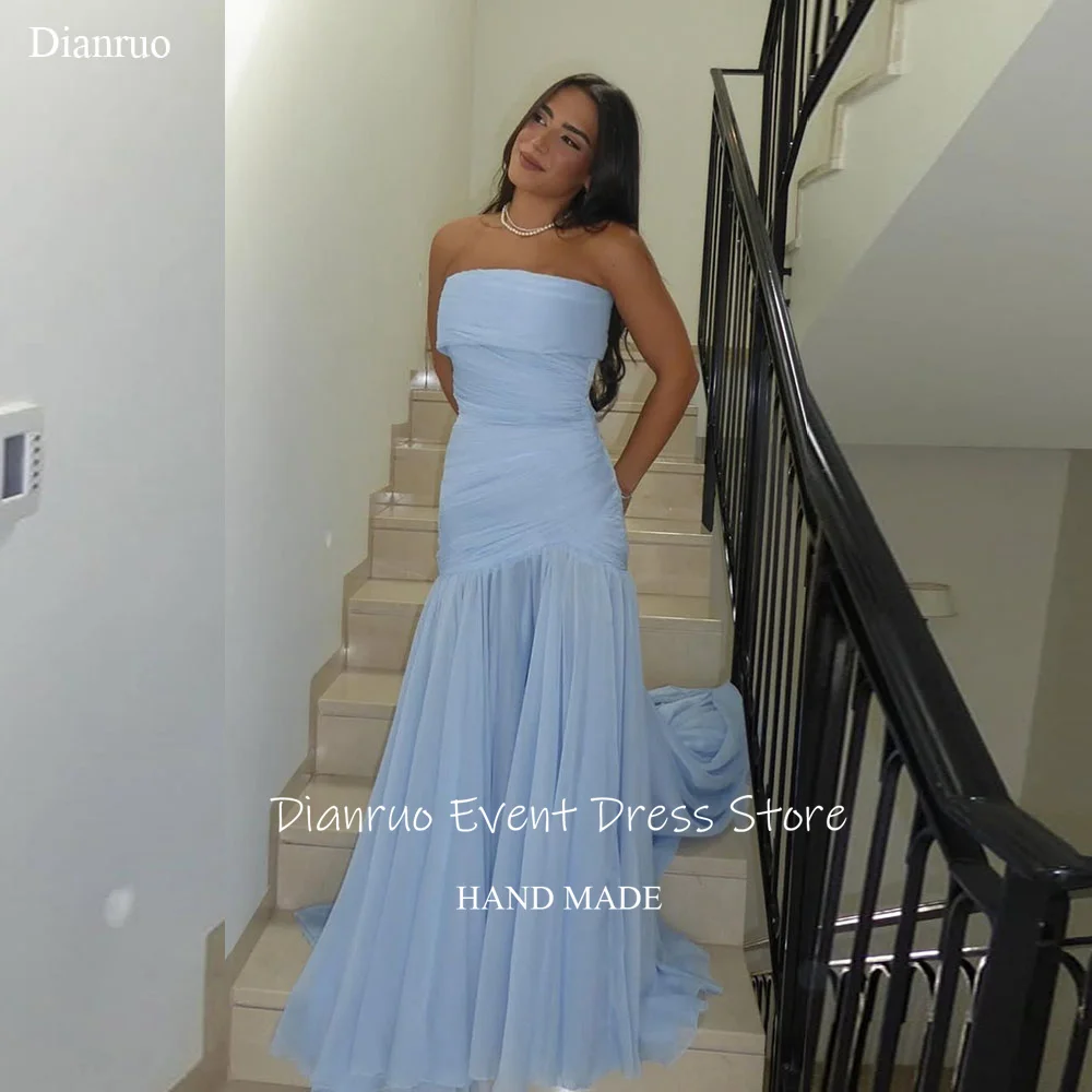 

Dianruo Ruched Strapless Evening Dresses Beach Long A Line Prom Gowns Elegant Chiffon Lace Up Back Vestido De Noiva Customized