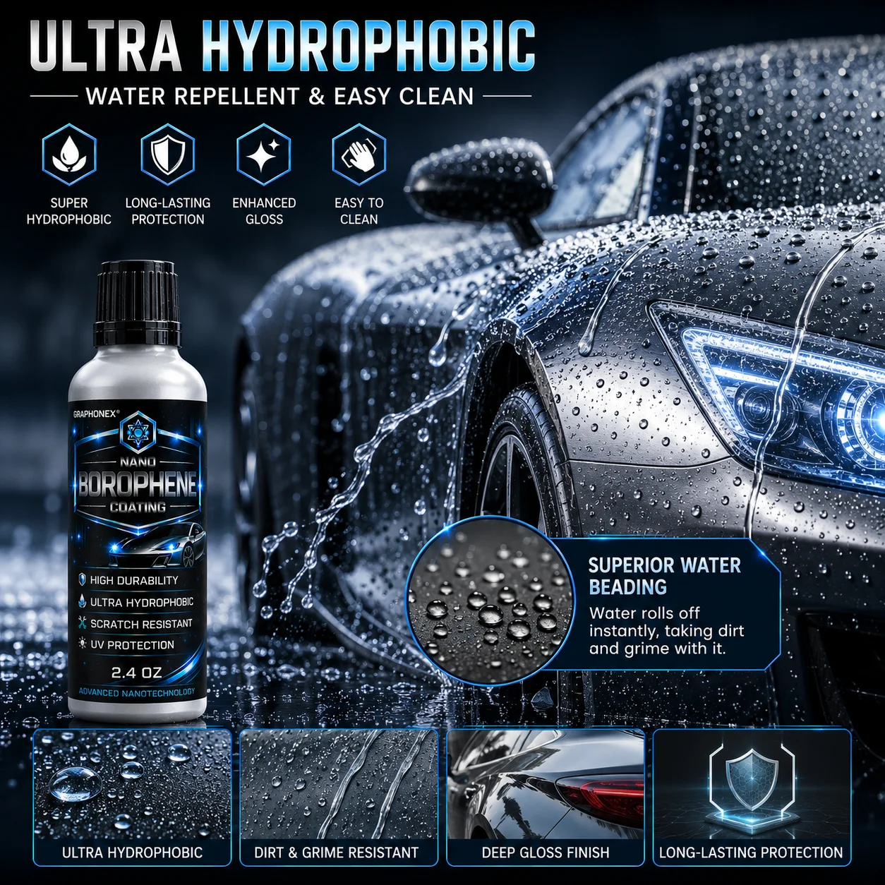 Nano Borophene Car Ceramic Coating – Ultra-Hydrophobic, Scratch Resistant, UV Protection & High Durability