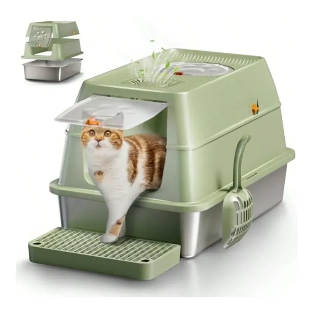 

Cat Litter Box Litter Box Cat AccessoriesSteel Cat Litter Box With Lid XL Large Enclosed High Sided Litter Box With Removable Li