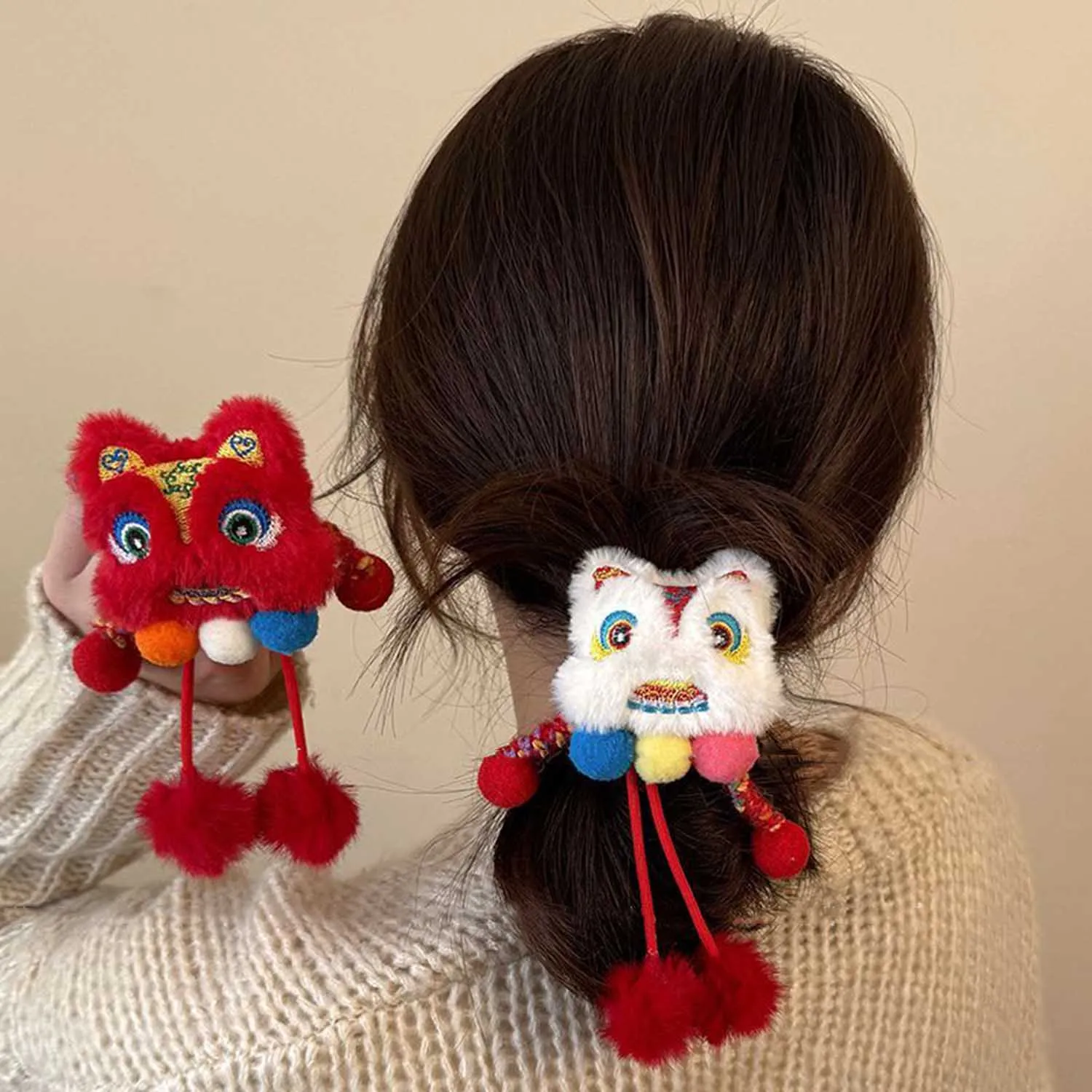 

New Year Funny Dragon Elastic Hair Rope Scrunchies Red Embroidery Lion Rubber Band Hair Ties Headwear Hair Accessories For Women