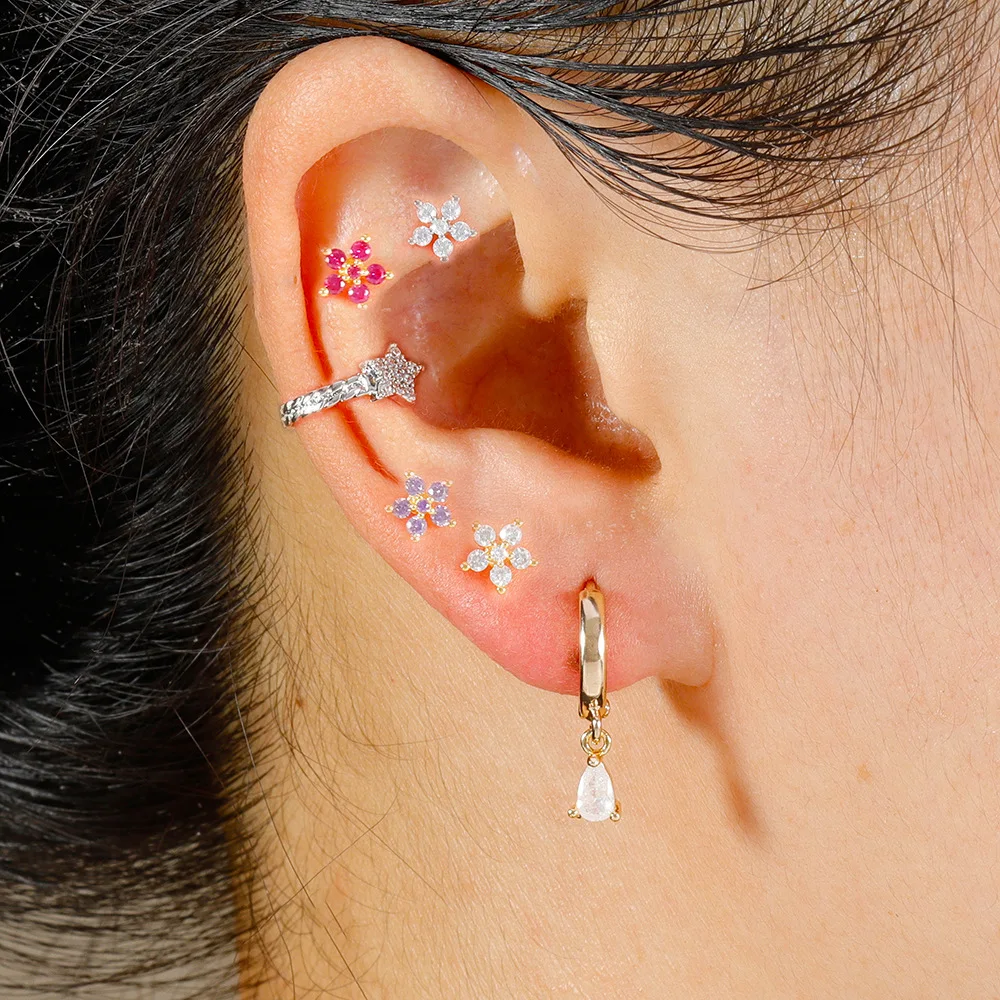 European American Water Drop Hoop Earring Woman Exquisite Simple Flower Multicolor Zircon Ear Piercing Earring Statement Jewelry