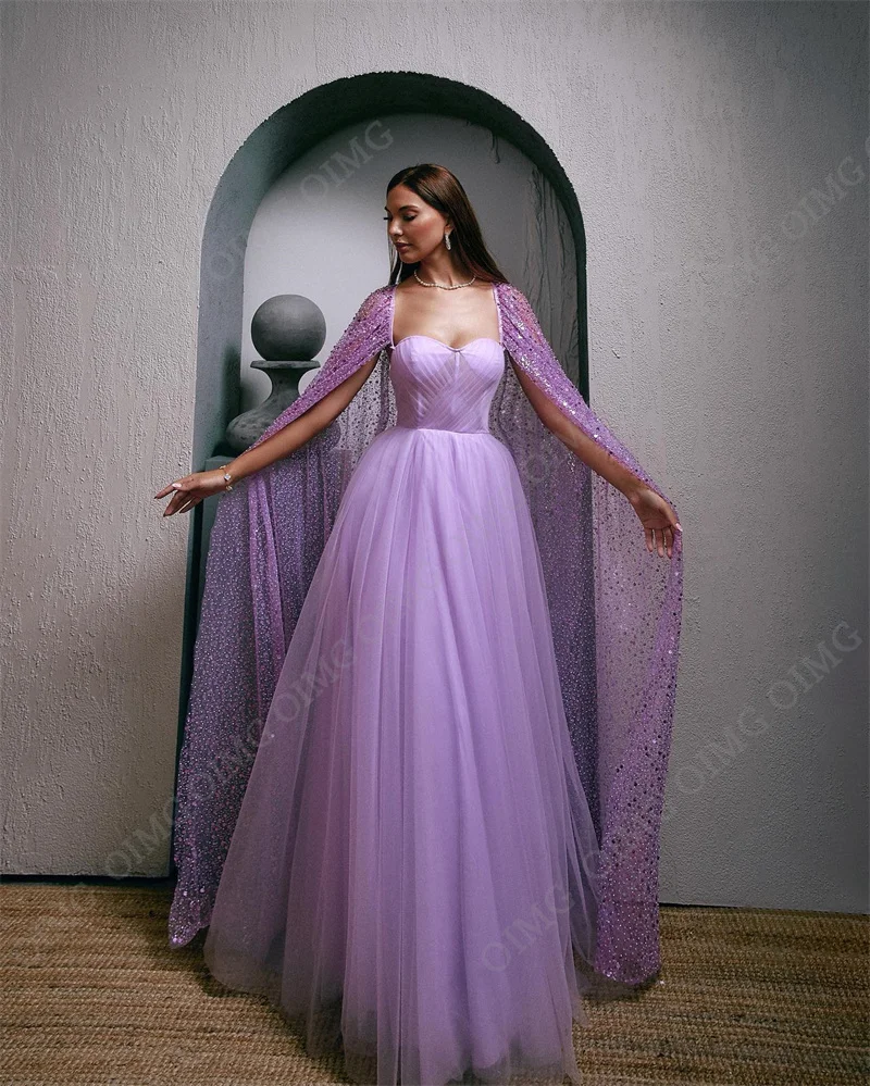 OIMG-Robes de soirée longues en tulle violet brillant, robes de Rhélégantes, cape à paillettes, occasion de fête personnalisée, arabe saoudien, le plus récent