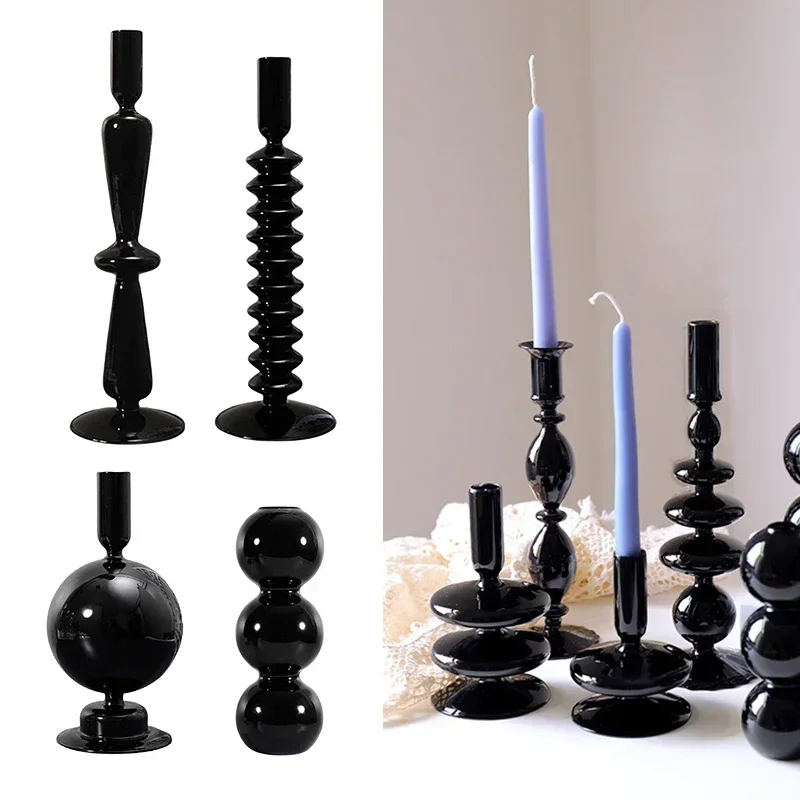 1pcs Black Candle Holders Vintage Bubble Glass Candlesticks Vases For Flowers Candlestick Candle Holder Table Room Home Decorate