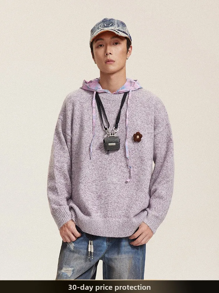 

American Retro Pure Color Simple 3D Flower Couple Sweater Autumn Winter Lazy Sle round Ne Knitted irt Youth Casual Faion