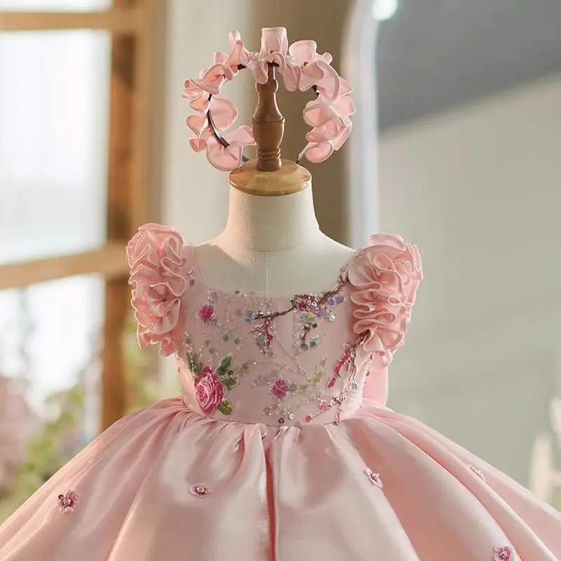 Child Communion Party Dress Single Shoulder Sequin Pink Fluffy Layered Long Sleeved  Flower Girl Dress Wedding Cute Flower