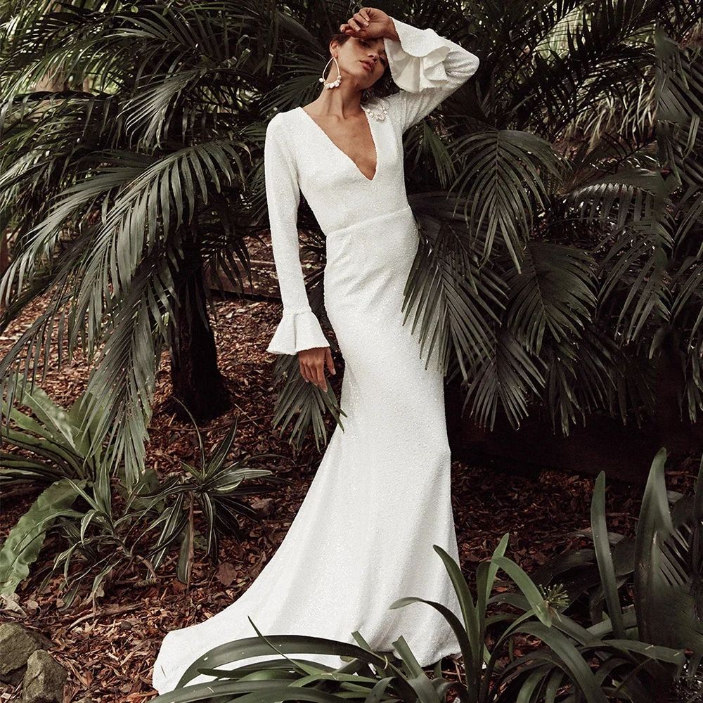 Vintage Mermaid Wedding Dress Sexy Deep V-Neck Long Flare Sleeve Sequins Floor Length Open Back Bridal with Sweep Train Gowns