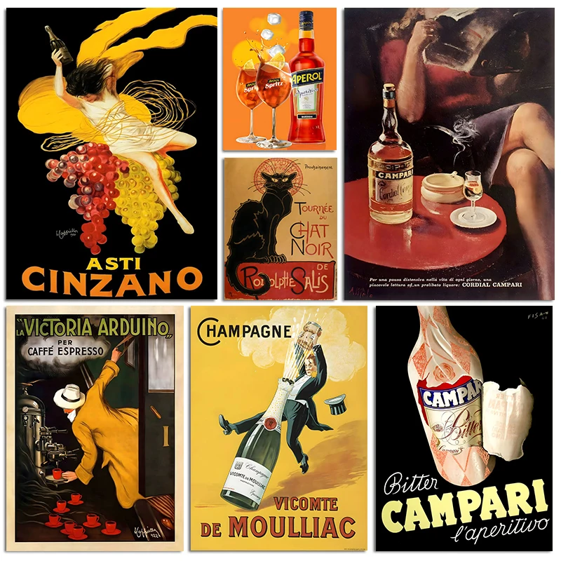 Vinatge Cordial Campari Aperol cóctel cartel divertido lienzo pintura Cinzano Alcohol arte de pared para Bar habitación decoración del hogar