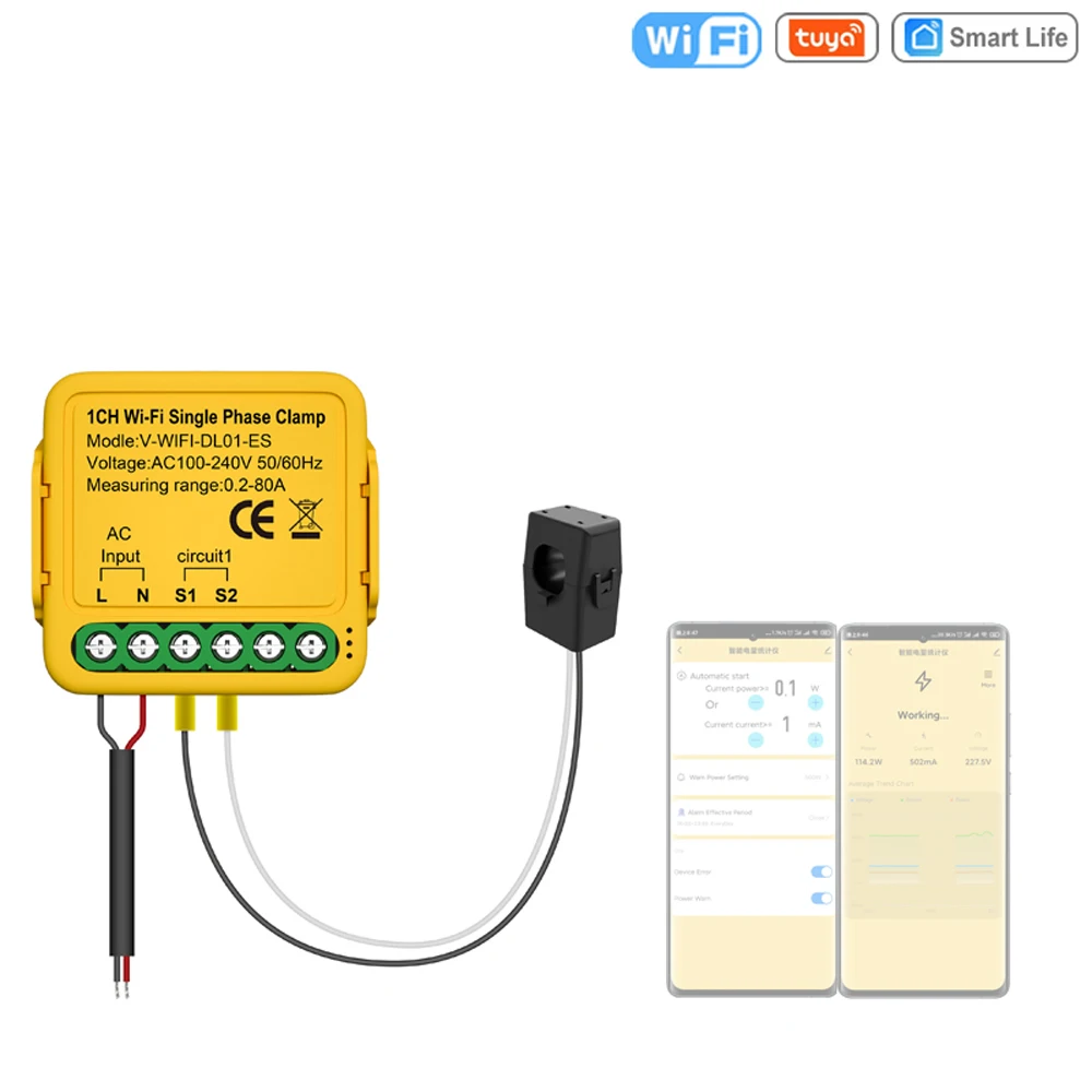 Tuya WiFi 80A Energy Meter On-off Controller  Current Transformer Clamp KWh Power Monitor Electricity Statistics Monitoring