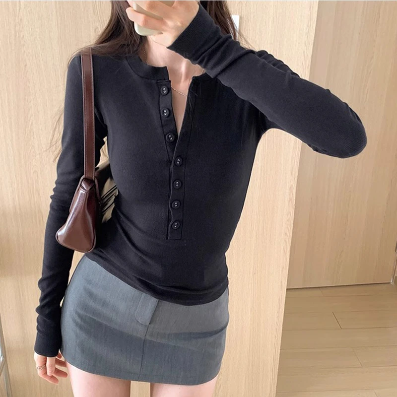 Button 2024 V Neck Long Sleeve Shirt Women Ribbed Sexy Cropped Tops Spring White Casual Skinny Slim Basic Woman T Shirts Black