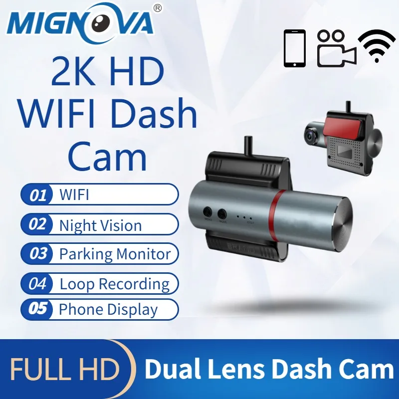 

2k 1440P HD Dual Lens WiFi Dash Cam for Car DVR Camera Video Recorder Auto Night Vision App Control Wireless 24H Parking Monitor