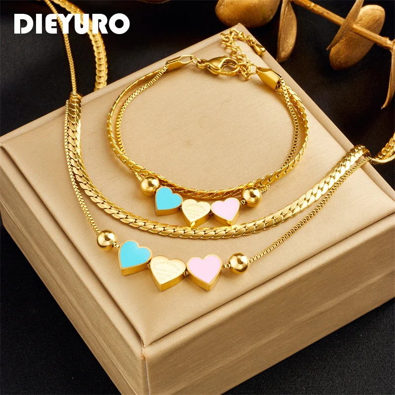 

DIEYURO 316L Stainless Steel Double Layer Lovely Heart Necklace Bracelets For Women Girl New Waterproof 2in1 Chains Jewelry Set