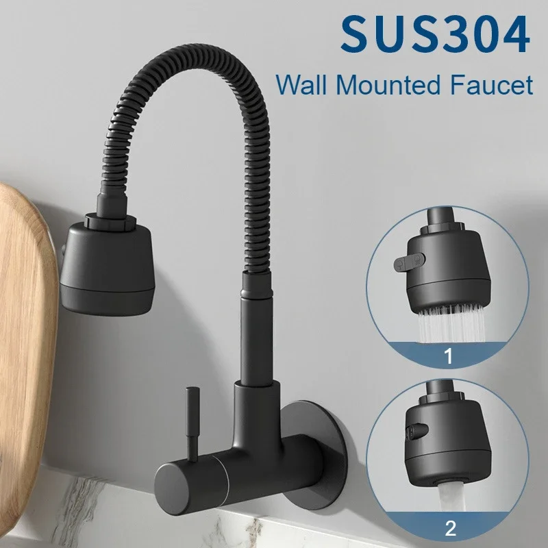 

2 Modes Nozzle Faucet Wall Mounted Stainless Steel Basin Faucet Household Universal Rotation Single Cooling Bathroom Faucets