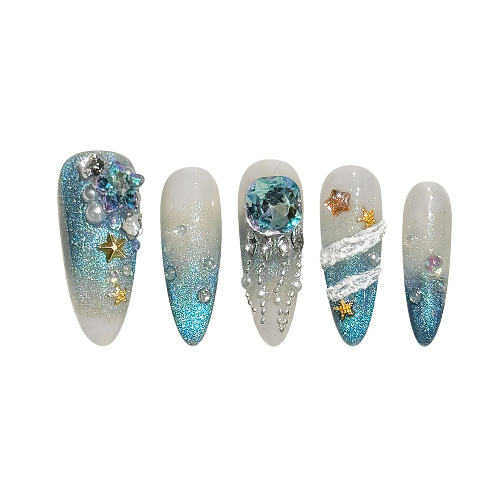10pcs Handmade Long Almond False Nails Aurora Blue Green French Cat\'s Eye Press On Nails Gold Star Pearl Diamond Decor Fake Nail