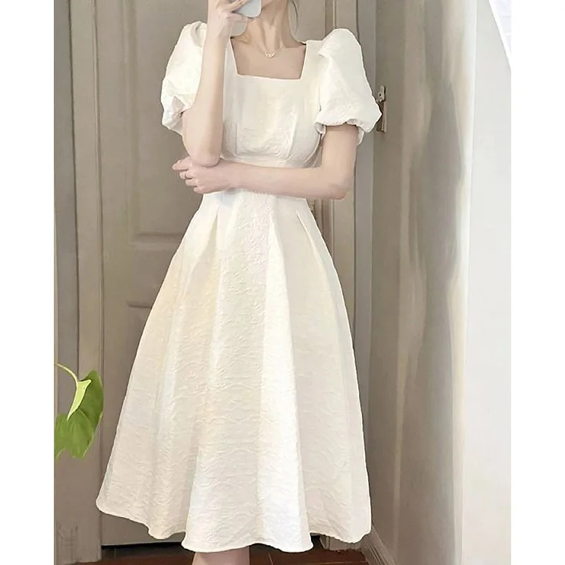 Korean Solid Puff Sleeve Dress Women White Elegant Slim Fashion Pretty Style Skirt Square Sweet Black Drape Female Clothes