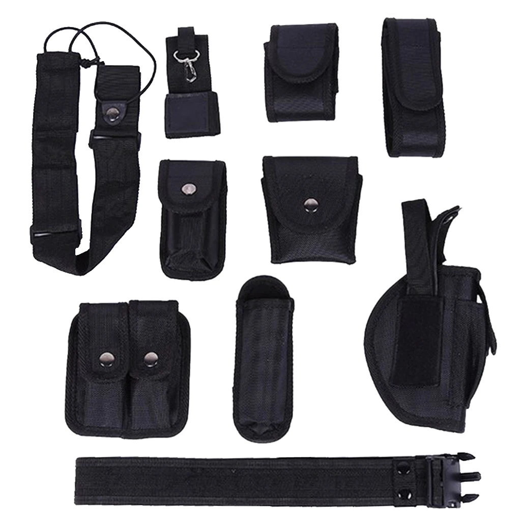 Police Guard Tactical Belt Buckles Black 9 Pouches Utility Security System